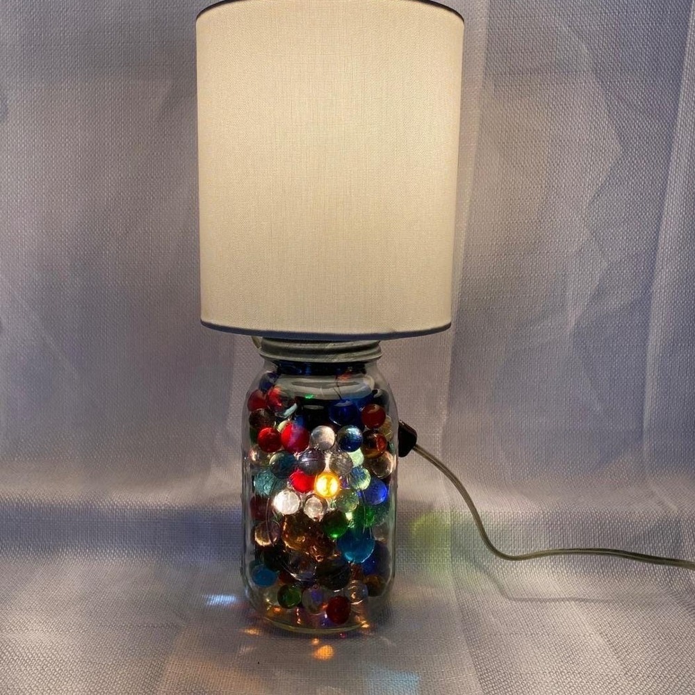 Vintage Style Mason Jar Table Lamp with Multicolored Marbles White Drum Shade